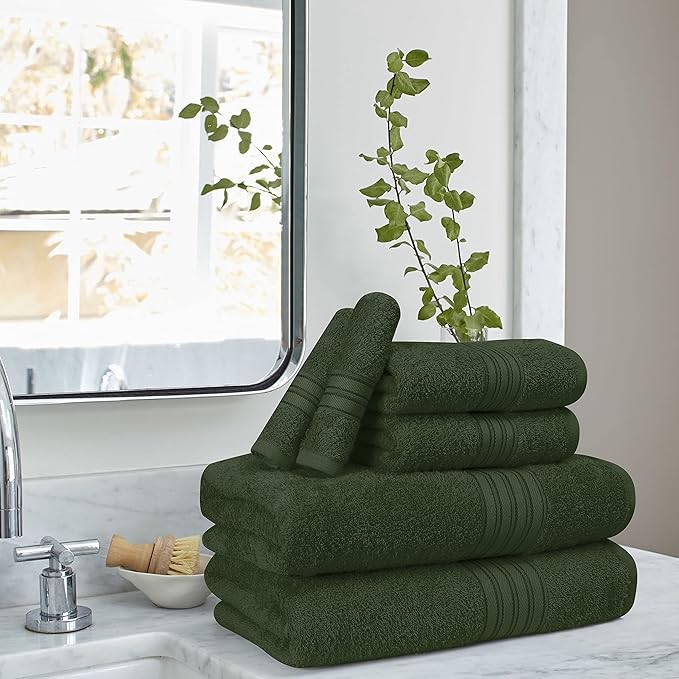 BOUTIQUO 6 Pack Cotton Towel Set, Contains 2 Bath Towels 28x55 inch, 2 Hand Towels 16x24 inch & 2 Wash Coths 12x12 inch, Ideal Everyday use, Ultra Soft Compact & Lightweight - Olive Green