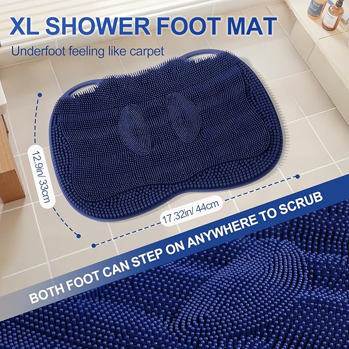 Shower Foot Scrubber Mat Large 2.0- Silicone Feet Toes Massage Exfoliate Cleaner Pad Long Brush Without Bending Non-Slip Suction Cups in Shower Floor Bathtub Foot Relax Spa 17.4 * 13" Navy Blue
