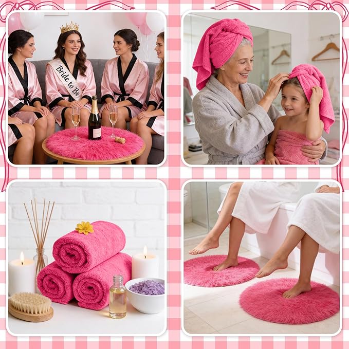 HunnmingRe 18 Pcs Foot Spa Kit for Spa Sleepover Party Supplies with 6 Foldable Foot Soaking & 6 Towels & 6 Floor Mats Matching Ribbon for Women Gift (Rose Red)