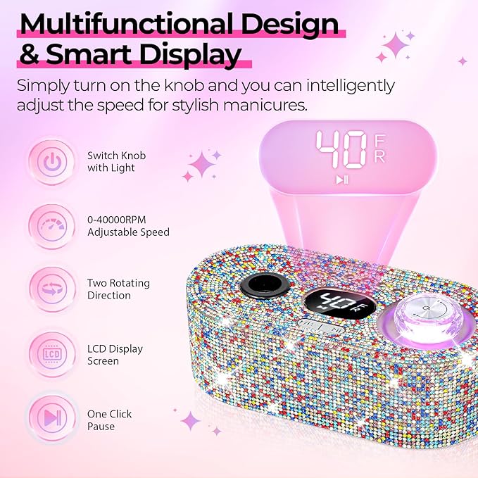 JOSGLOI Electric Nail Drill Professional: Shiny 40000RPM Electric Nail File Kit E File Nail Drill Machine with LCD Display for Acrylic Gel, Manicure Pedicure Polishing Grinder for Salon Home, Diamond