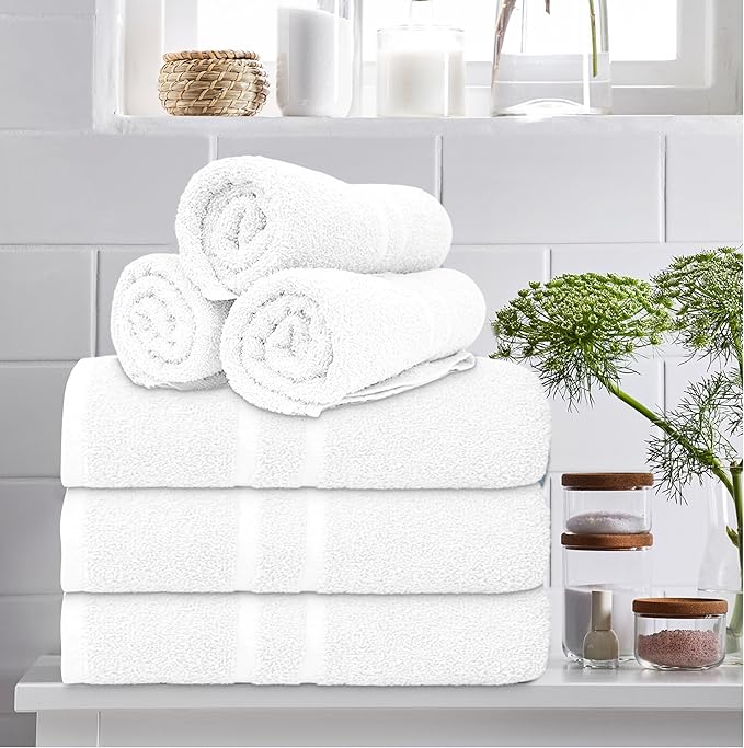 Basic Medium Bath Towels 24x48 Inches – Pack of 6 – White Color – Soft and Absorbent Multipurpose Cotton Towels for Bathroom, Spa, Gym, Salon, Hotel, Clinics and Everyday Use
