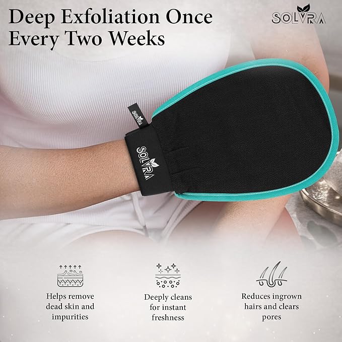 Exfoliating glove for Shower & Exfoliating body scrubber – 100% Vegan Viscose Kessa Mitt for Dead Skin Removal, Self-Tan Fade & Keratosis Pilaris –Dual-Texture Glove for Spa & Massage (1 Pack Black)