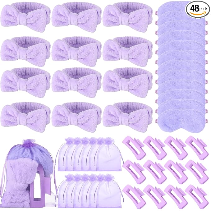 48 Pcs Spa Party Supplies Sleepover Essentials Gift for Mother's Day Spa Headband Plush Eye Mask Claw Clips Organza Bag for Women Adult Slumber Party Supplies (Purple)
