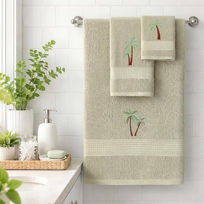 3 Pcs Summer Palm Tree Bathroom Towel Set Farmhouse Embroidered Palm Tree Towels Vintage Decorative 100% Cotton Bath Towel Highly Absorbent Elegant Summer Decor Set for Bathroom