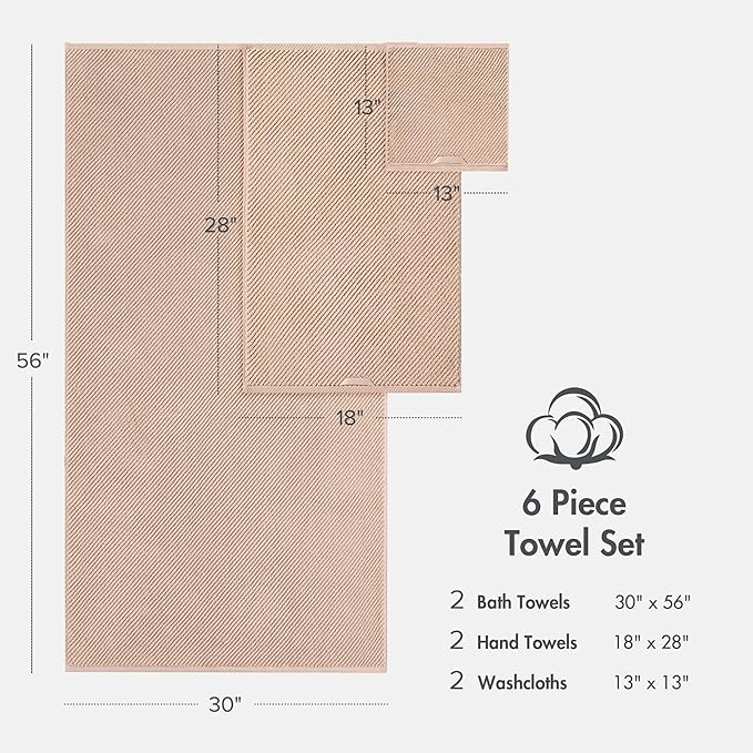 Madison Park Bathroom Towel Set of 6 Diagonal Ribbed, Beige 100% Cotton Quick Dry & Absorbent| 2 Bath 30" x 56"| 2 Hand 18" x 28"| 2 Washcloths 13" x 13"| Zero Twist, 500 GSM, Oeko-TEX