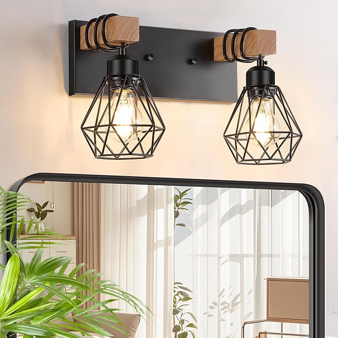 FadimiKoo 2-Light Rustic Style Wood Bathroom Wall Sconce, Farmhouse Vanity Lighting Fixture fopr Bathroom, Industrial Wood Wall Light Over Mirror with Metal Shade, Bulbs Not Included
