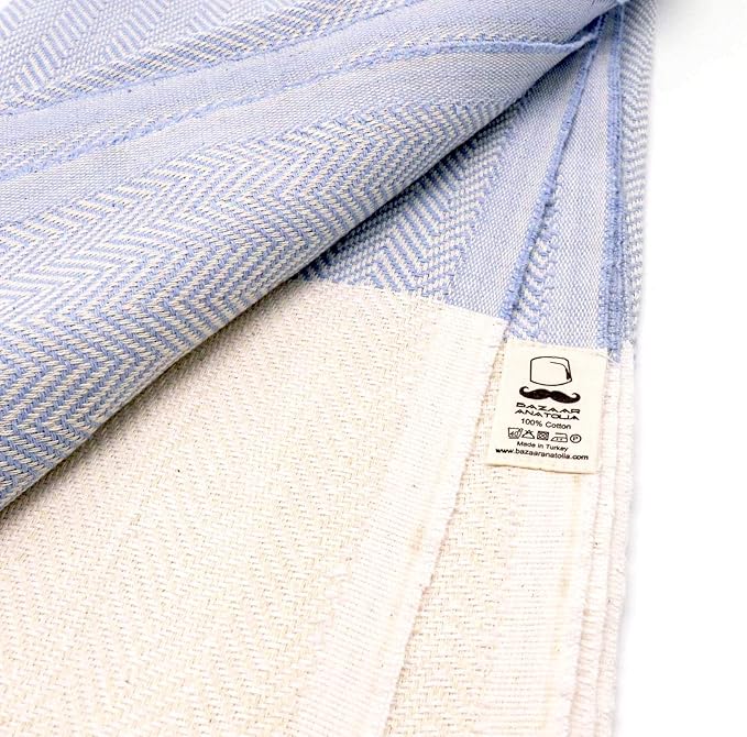 Bazaar Anatolia Turkish Beach Towel 100% Cotton Bath Towels 71x39 Quick Dry Sand Free Lightweight Large Oversized Herringbone Light Blue