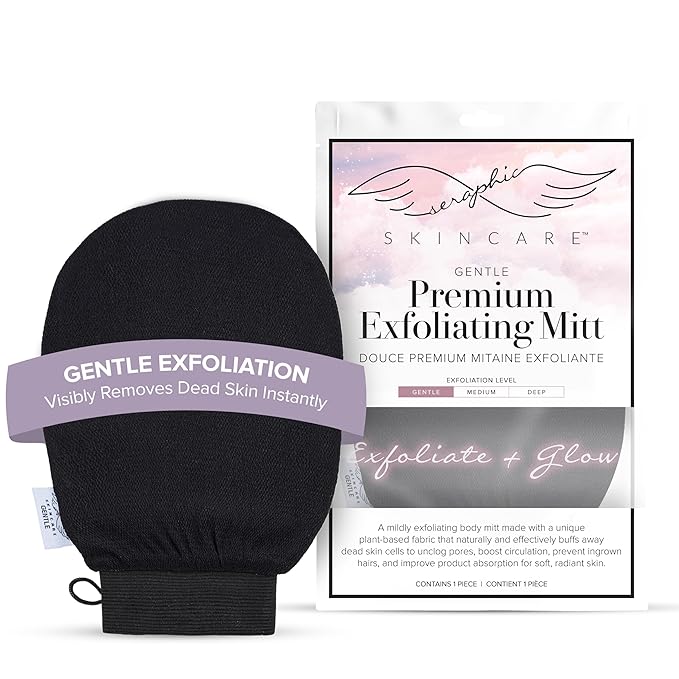 Seraphic Skincare Premium Exfoliating Glove (Gentle) – Viscose Fiber Korean Exfoliating Mitt for Sensitive Skin – Body Scrubber, Dead Skin Remover for Body & Self Tanner Removal & Application