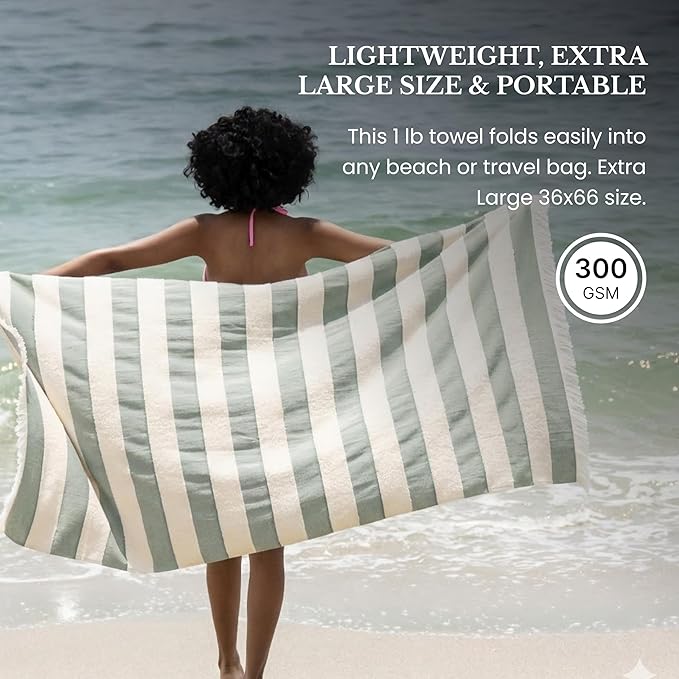 Lightweight Turkish Beach Towel - 100% BCI Cotton, Unbleached Raw Fringe, Oeko-TEX Certified, Absorbent, Eco-Friendly, 36x66”, Sea Green & Natural Stripes, Portable Sarong Blanket for Pool, Travel