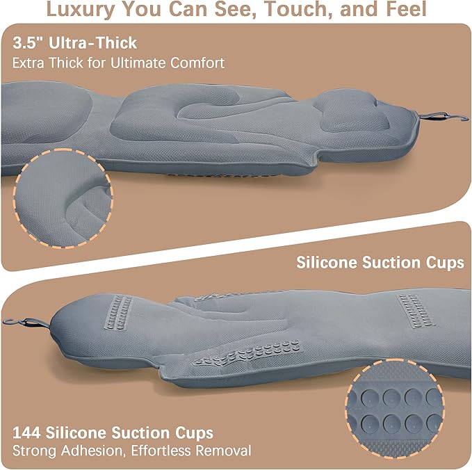 Ergonomic Full Body Bath Pillow for Bathtub, 5D Luxury Spa Cushion with 114 Non-Slip Suction Cups, Extra Long Thick Bath Pillow for Full Body Support, for Adult with Laundry Bag & Hook