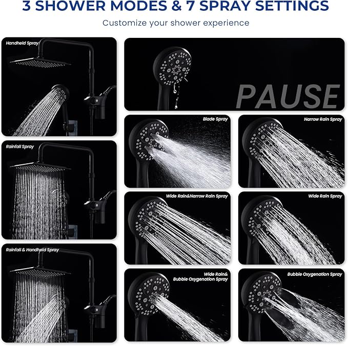 Ryamen Upgraded Dual Shower Heads Combo, 10 inch Filtered Shower Head with Handheld, 3-Way Rain Shower Head with Filters, 7 Settings Handheld Spray, High Pressure, Height Adjustable (Black)