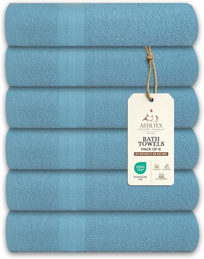 Medium Bath Towels Pack of 6 – 24x48 Inches – Soft, Quick Dry & Highly Absorbent – 100% Cotton Towels for Bathroom, Spa, Gym & Hotel – Aqua Blue