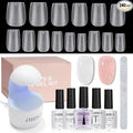 AILLSA Extra Short Coffin Gel Nail Kit 240pcs Full Nail Tips with 2 In 1 Nail Glue Base Top Coat Nail Dehydrator U v Led Lamp, Gel Extension Nail Kit for Beginners Home Salon