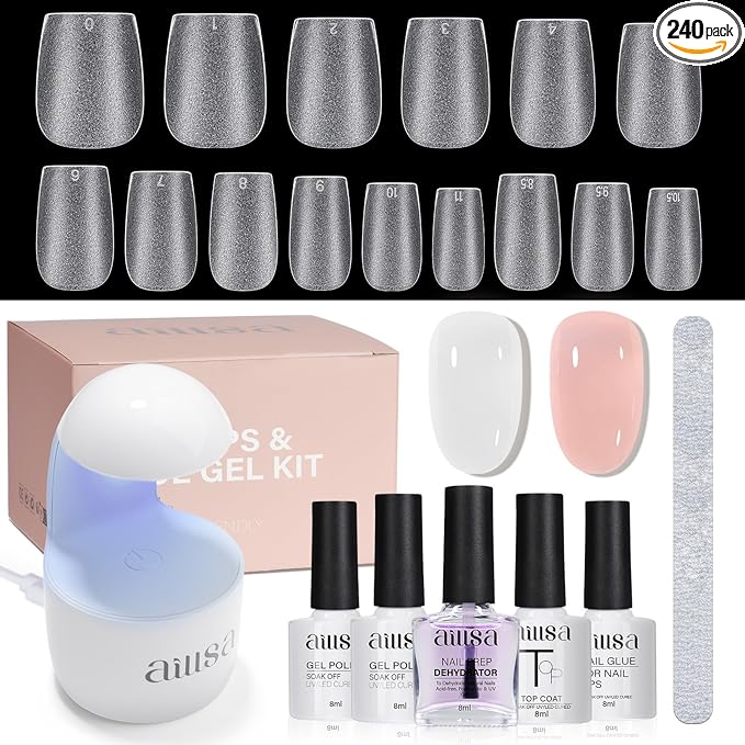 AILLSA Extra Short Coffin Gel Nail Kit 240pcs Full Nail Tips with 2 In 1 Nail Glue Base Top Coat Nail Dehydrator U v Led Lamp, Gel Extension Nail Kit for Beginners Home Salon