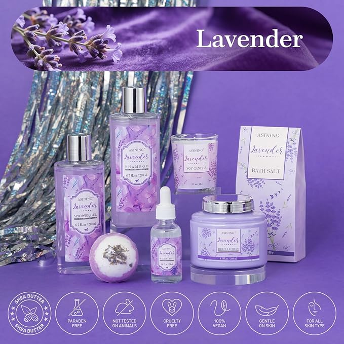 Spa Gift Basket for Women, Luxury Home Spa Kit, 8pcs Lavender Bath Gift Set, Gift Baskets for Women Unique with Bath Bombs, Sea Salt, Scented Lotions Birthday, Mother Day, Bridal Shower gifts