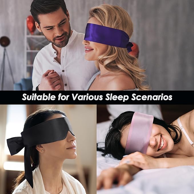 FRESHME Satin Eye Mask - Soft Sleep Mask Adjustable Eye Cover Blindfold for Night Meditation Travel Nap Sleep Eye Mask for Women Men Side Sleeper Valentine's Day Gift Black and Deep Purple 160cm/63in