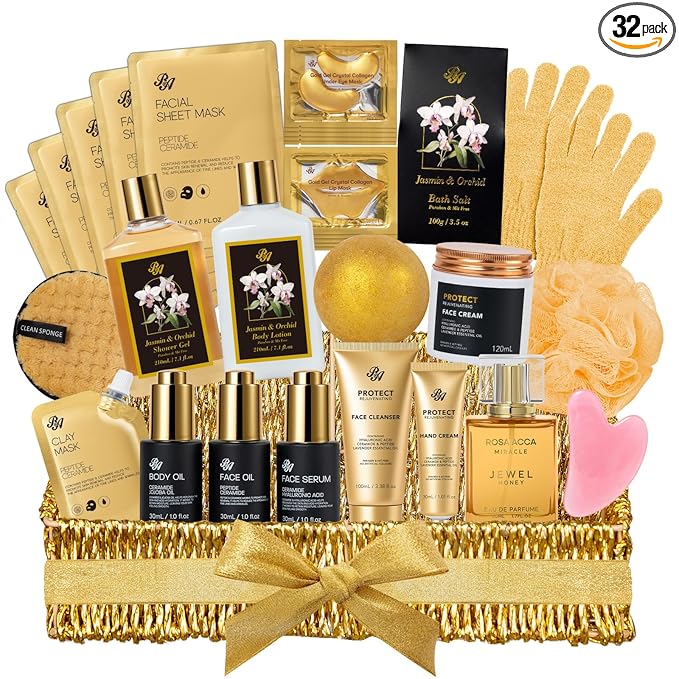 32 Pcs Mother's Day Gifts, Orchid Spa Basket Gift Set for Women, Self-Care Relaxation Kit, Hydrating Face Skin Care Set, Bath & Body Care Set, Birthday, Christmas, Anniversary, Wife, Mom
