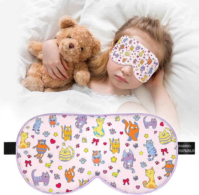 Kids Sleep Mask Eye Cover: 100% Real Natural Pure Silk Eye Mask with Adjustable Strap, Funny Blindfold Kids Eye Mask for Sleeping, Soft & Lightweight Eye Shade for Boys Girls Teens (Cats Style)