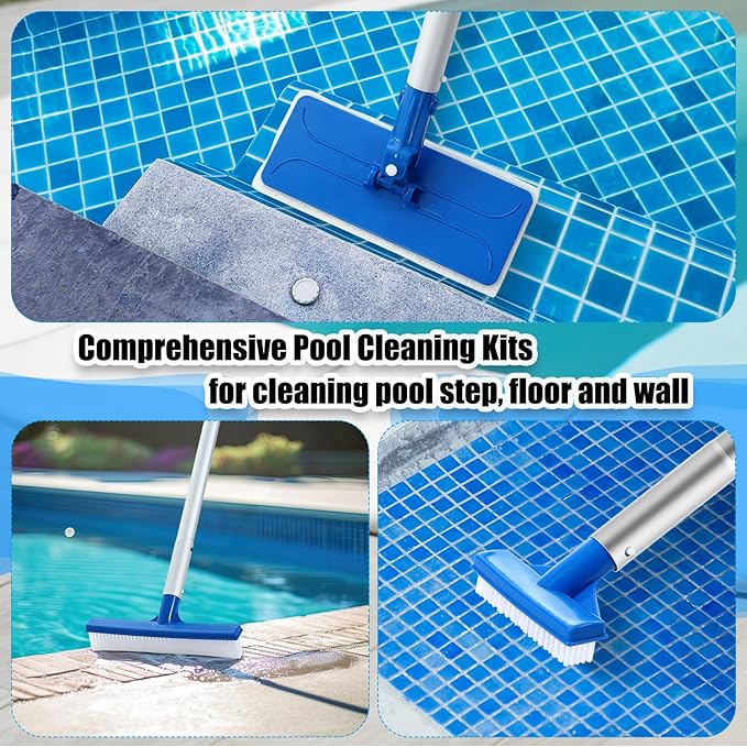 Tioncy 3 Pcs Pool Brushes Kit with 47" Pole Adjustable, 10" Pool Brush Head, Hand Scrub Brush & Scouring Sponge Pads with Aluminum Pole for Spa Hot Tub Bathroom Kitchen Home Tiles Walls Floors