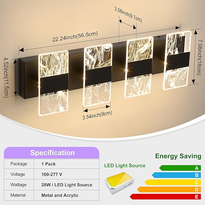 Modern LED Bathroom Light Fixtures Dimmable 4-Light Black Vanity Light, 5CCT Adjustable Lighting Fixture Vanity Lights Over Mirror, Smoked Acrylic LED Vanity Lights for Bathroom