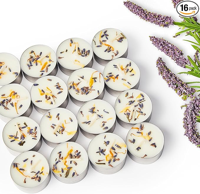 16 Pack Lavender Tealight Candles with Real Dried Petals, Natural Soy Wax, 6-Hour Burn Time for Home, Wedding, Bath Decor
