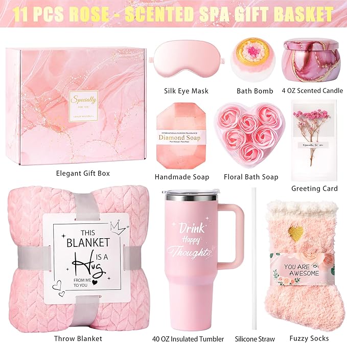 Aeenr Mothers Day Birthday Gifts for Women Self Care Get Well Soon Gift Baskets, Unique Relaxing Spa Gift Set W/Flannel Blanket & 40 OZ Tumbler for Mom Wife Her Sister Girlfriend Valentines Christmas