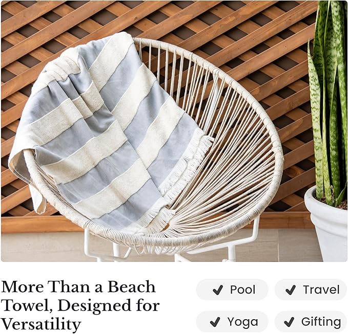 Lightweight Turkish Beach Towel - 100% BCI Cotton, Unbleached Raw Fringe, Oeko-TEX Certified, Absorbent, Eco-Friendly, 36x66”, Gray & Natural Stripes, Portable Sarong Blanket for Pool, Travel