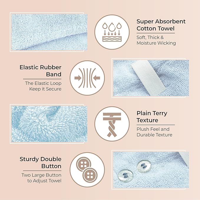 Cotton Hair Towel Wrap for Women/Kids | Quick Dry, Soft & Absorbent 420-GSM Wrap Towels with Double Button | Anti Frizz, Non Microfiber Turbans for Curly, Long & Thick Hair (Blue+Pink)