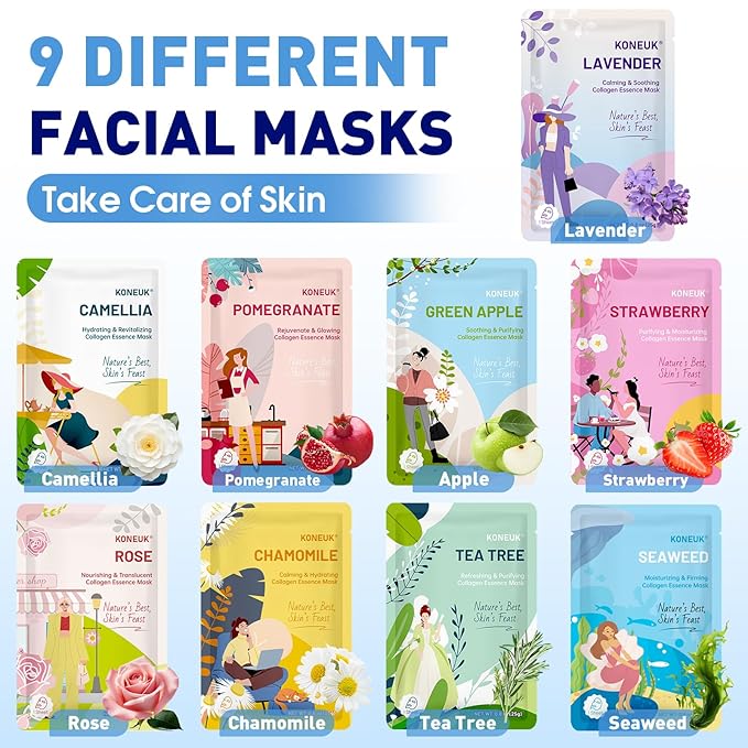 KONEUK 9 Pack Hydrating Face Masks Skincare, Bulk Sheet Face Mask for Dry Skin, Collagen Facial Masks Spa Gifts for Women Skin Care, Mothers Day Gifts for Mom, Teacher Gifts and Nurse Gifts