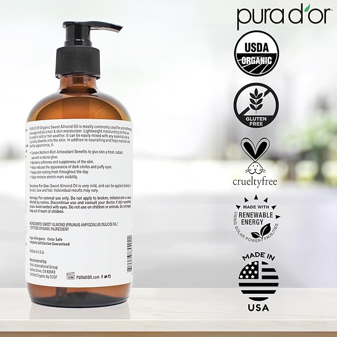 PURA D'OR ORGANIC Sweet Almond Oil (16.9 Oz GLASS BOTTLE) 100% Pure & Natural USDA Certified Cold Pressed Carrier Oil For DIY Beauty - Non-Greasy, Unscented, Hexane Free Moisturizer - For Hair & Skin