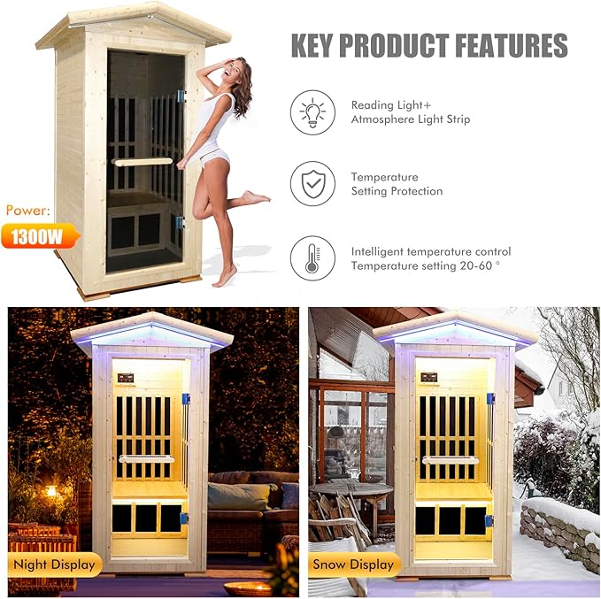 OUTEXER Outdoor Sauna Wooden Far Infrared Saunas Spa 1550W Low-EMF Dry Sauna Room for One Person Finland Spruce Wood