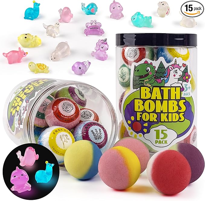 Bath Bombs for Kids with Surprise Inside, 15-Piece Surprise Bath Bombs for Kids, Jar Gift Set with Hidden Toys, Natural Organic Fizzies for Girls and Boys