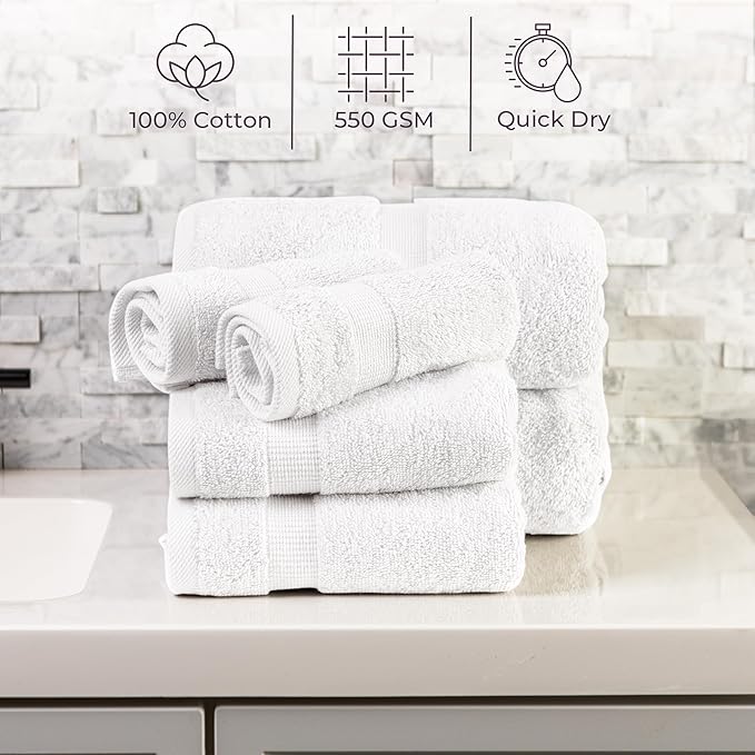 Lavish Home 6 Piece Towel Set - 550 GSM 100% Cotton Bathroom Accessories - 2 Bath Sheets, 2 Hand Towels, and 2 Wash Cloths - Soft and Absorbent Bathroom Set for Shower, Gym, Dorm, and Spa (White)