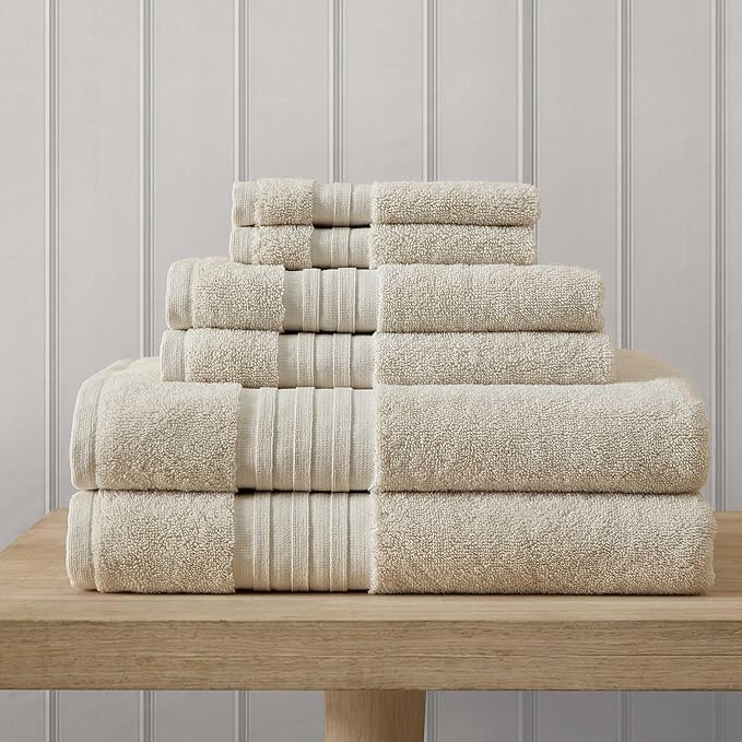 Martha Stewart - Bath Towels, Soft & Absorbent 100% Cotton Towels, Plush 700 GSM, 6-Piece Bathroom Towel Set with Textured Dobby Weave (Skyland Manor Beige)