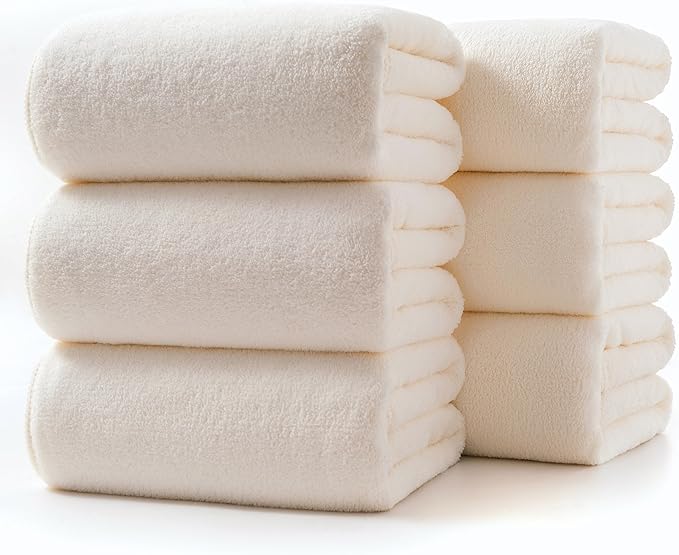 Lumimi Towels 6 Piece Soft Microfiber Bath Towel Set Salon Gym Yoga Travel Incredibly Absorbent Lightweight Quick Dry and Durable, 55" L x 27" W, Mega 6 Pack Cream White