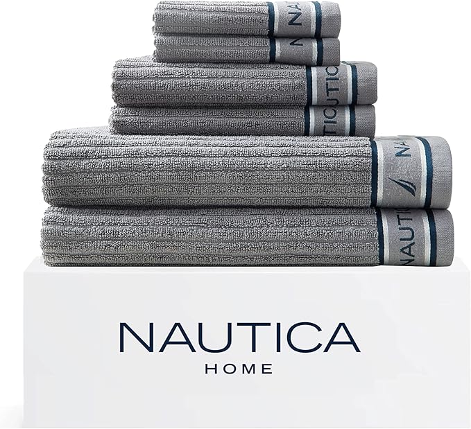 Nautica - Bath Towels, 100% Soft & Absorbent Fluffy Cotton, Highly Absorbent & Quick Dry, Cotton Bathroom Towels (Signature Grey, 6 Piece)