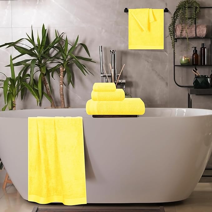 Ultra Soft 6 Pack Cotton Towel Set, Contains 2 Bath Towels 28x55 inch, 2 Hand Towels 16x24 inch & 2 Wash Coths 12x12 inch, Ideal Everyday use, Compact & Lightweight - Lime Yellow