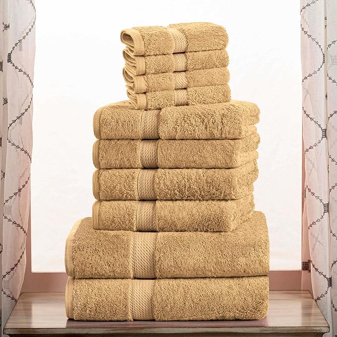 Superior Egyptian Cotton Pile 10 Piece Towel Set, Includes 2 Bath, 4 Hand, 4 Face Towels/ Washcloths, Ultra Soft Luxury Towels, Thick Plush Essentials, Guest Bath, Spa, Hotel Bathroom, Toast