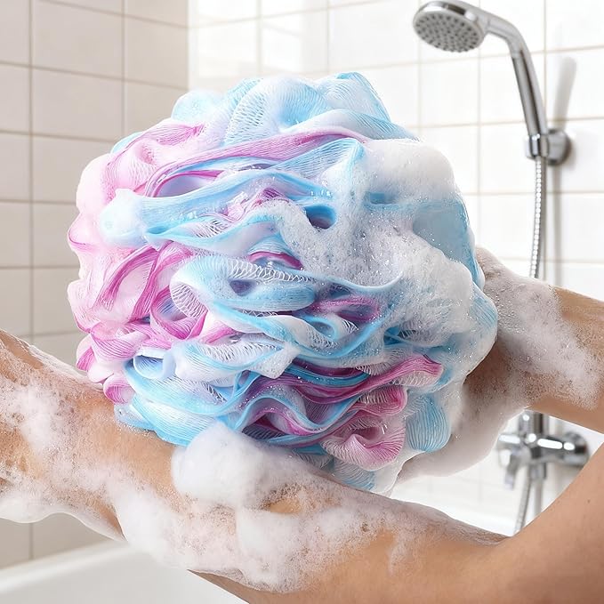 BTYMS 4 Pieces Shower Loofahs Large Bath Sponge 75g Mesh Pouf Wash Puff Shower Poof Body Loofas for Bathing