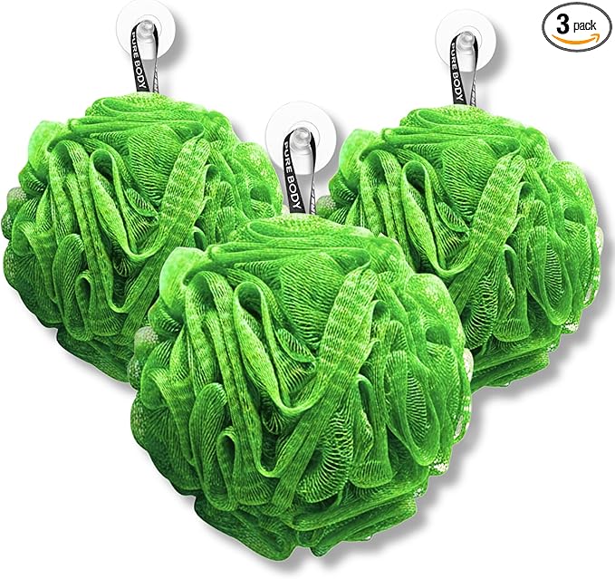 Large Bath Sponge Pack of 3 – Gentle Exfoliation Loofah with Suction Cups, Soft 70G Mesh Poufs for All Skin Types, Lather for Daily Use (Green)