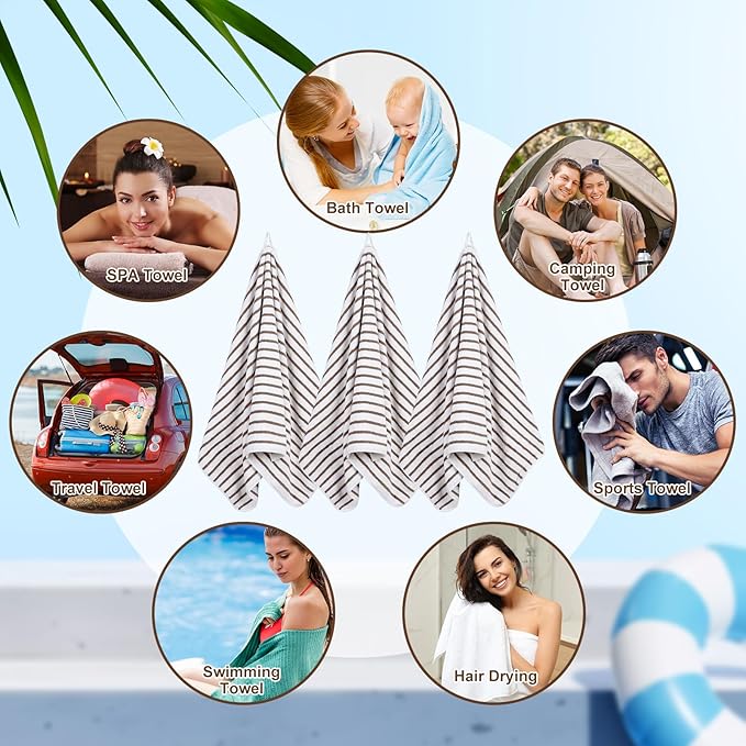 SmoothNovelty 16 Pack Microfiber Bath Towels Bulk 27'' x 60'' Oversized Size Bath Towel Highly Absorbent Extra Large Soft Drying for Beach Shower Summer Salon Sport Gym Party (Stripes,Khaki)