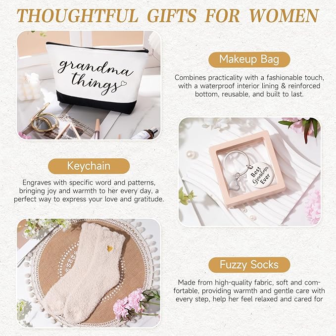 iAOVUEBY Grandma Gifts, Birthday & Mothers Day Gifts For Grandma, Best Grandmother Gift Set from Granddaughter Grandkids - Unique Canvas Tote Bag Makeup Bag 16 Oz Can Glass Care Package for Women