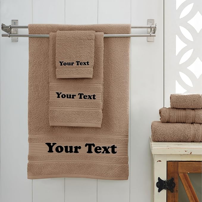 Personalize Your Towels with Custom Embroidery: Names, Monograms, and Initials. Perfect For Kids, Adults, Pool, Travel, Gifts, 3-Piece Towel Set; 1 Bath Towel, 1 Hand Towel, and 1 Wash Cloth - Brown