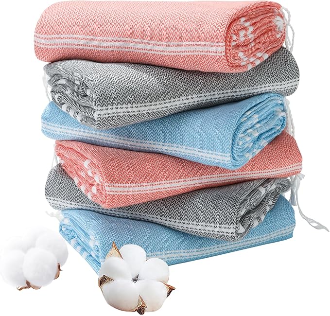 Genovega 6 Packs Oversized Turkish Beach Bath Towel Set Bulk 74"x38" Extra Large Sand Free Quick Dry Swim Camping Pool Clearance Towels Travel Blanket Adult Essentials Light Blue Grey Coral Stripe