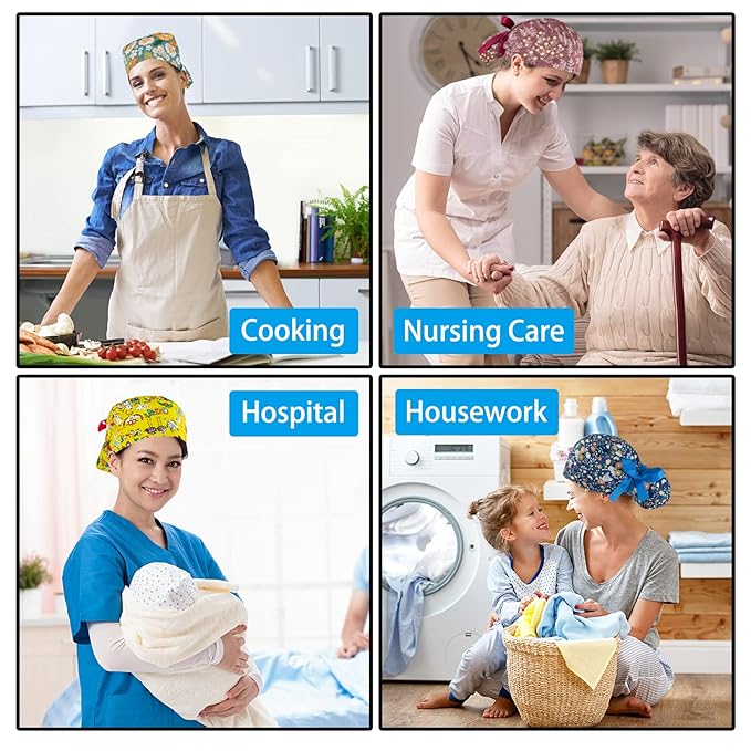 Scrub Caps Women Bouffant Scrub Hats Caps Nurses, Adjustable Working Cap Ponytail Pouch Tie Back Hats