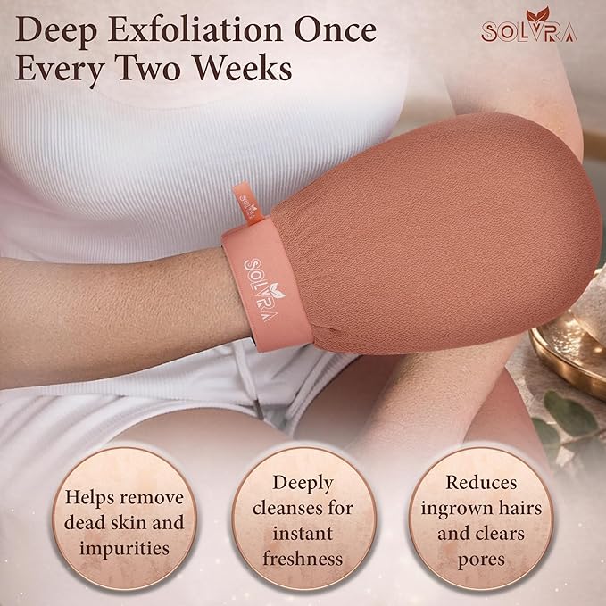 Exfoliating glove for Shower & Exfoliating body scrubber– 100% Vegan Viscose Kessa Mitt for Dead Skin Removal, Self-Tan Fade & Keratosis Pilaris –Dual-Texture Glove for Spa & Massage (1 Pack Orange)