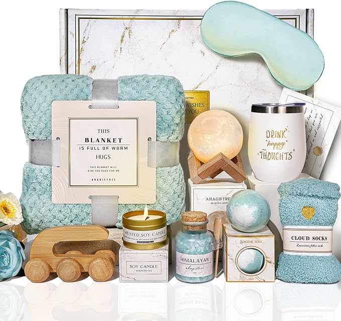 AHAGIFTREE Birthday Gifts for Women Self Care Gifts Get Well Soon Gifts Baskets with Moon lamp for Women After Surgery,11PC Spa,Thinking of You Gift, Care Package for Mom Friend (Turquoise)