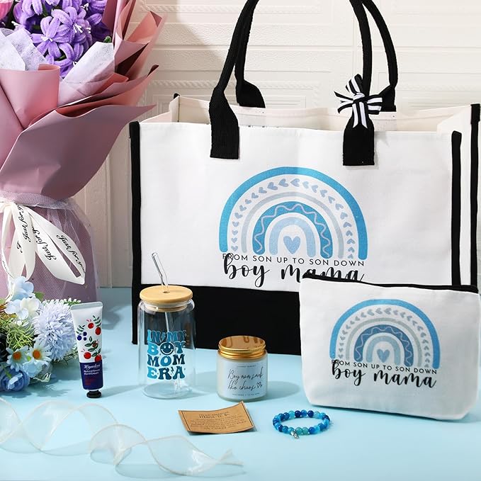 7 Sets Boy Mother Gifts for New Mom Gifts Tote Bag Makeup Bag Candle Bracelet Cup Hand Cream for Mother Day Women After Birth Pregnancy Present First Time Expecting New Mommy Essentials