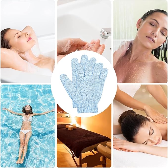 4 Pairs Bath Gloves, Exfoliating Body Scrub Mitts for Shower, Spa, Massage & Women's Bath Accessories (Blue, S)