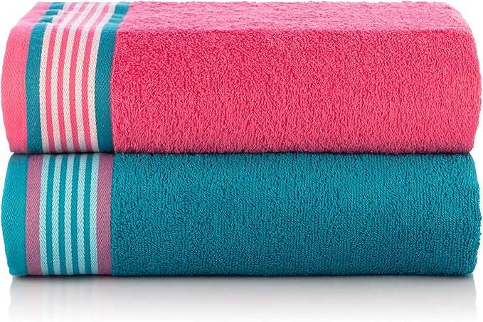 CASA COPENHAGEN He & She 6Pcs 100% Egyptian Cotton Large Designer Towels Gift Set- Cyan - Coral, 550GSM, 2Bath 2Hand 2Washcloths, Bath Towels for Bathroom (Gift Set for Women & Men)